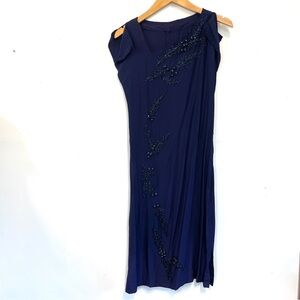 Handmade vintage navy blue shift dress with elaborate beading